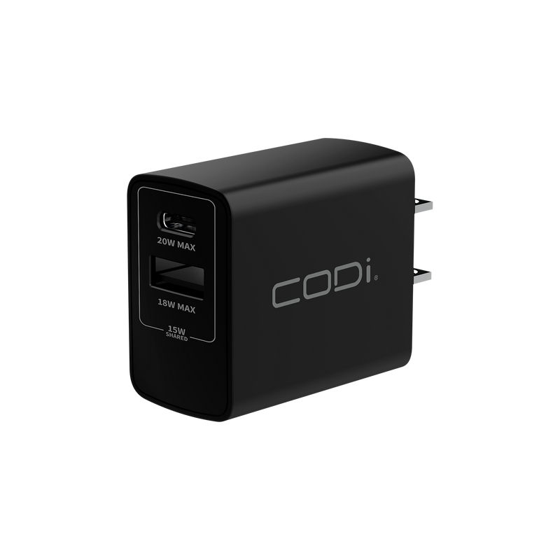 CODi 20W Dual Port Wall Charger, USB-C & USB-A Outputs, Black (A01102)