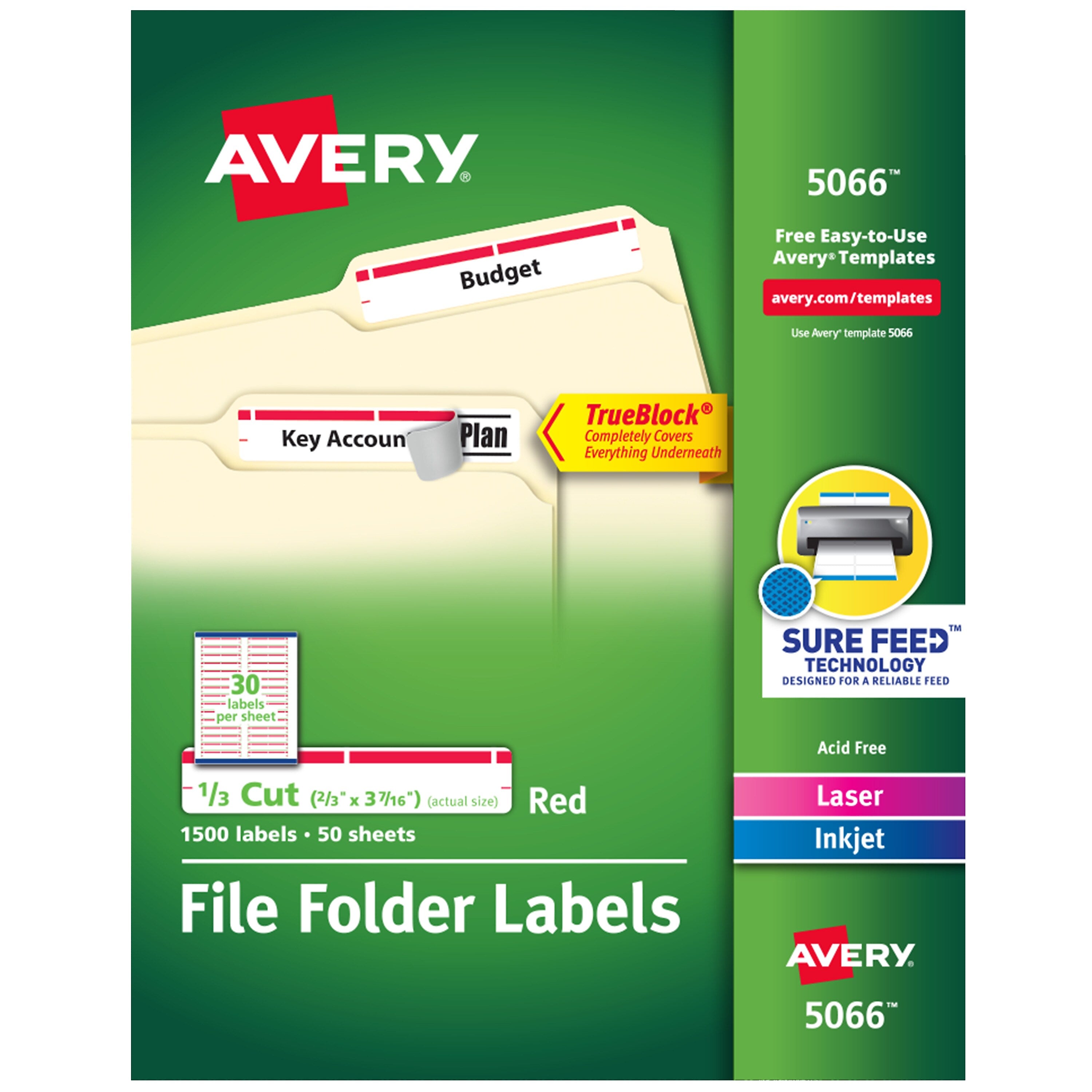 Avery TrueBlock Laser/Inkjet File Folder Labels, 2/3" x 3-7/16", White/Red, 1,500 Labels/Pack (5066)