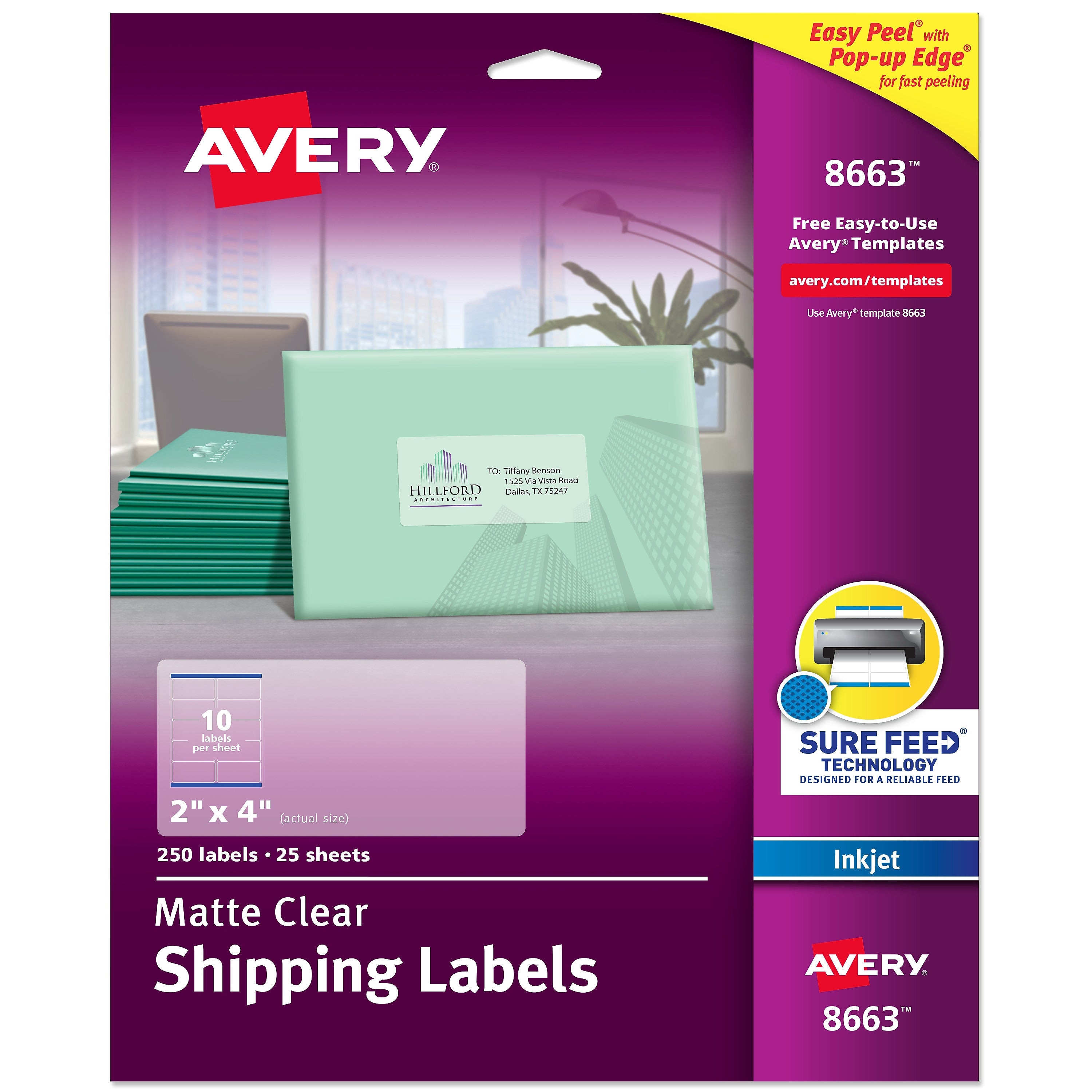 Avery Easy Peel Inkjet Shipping Labels, 2" x 4", Matte Clear, 250 Labels/Pack (8663)