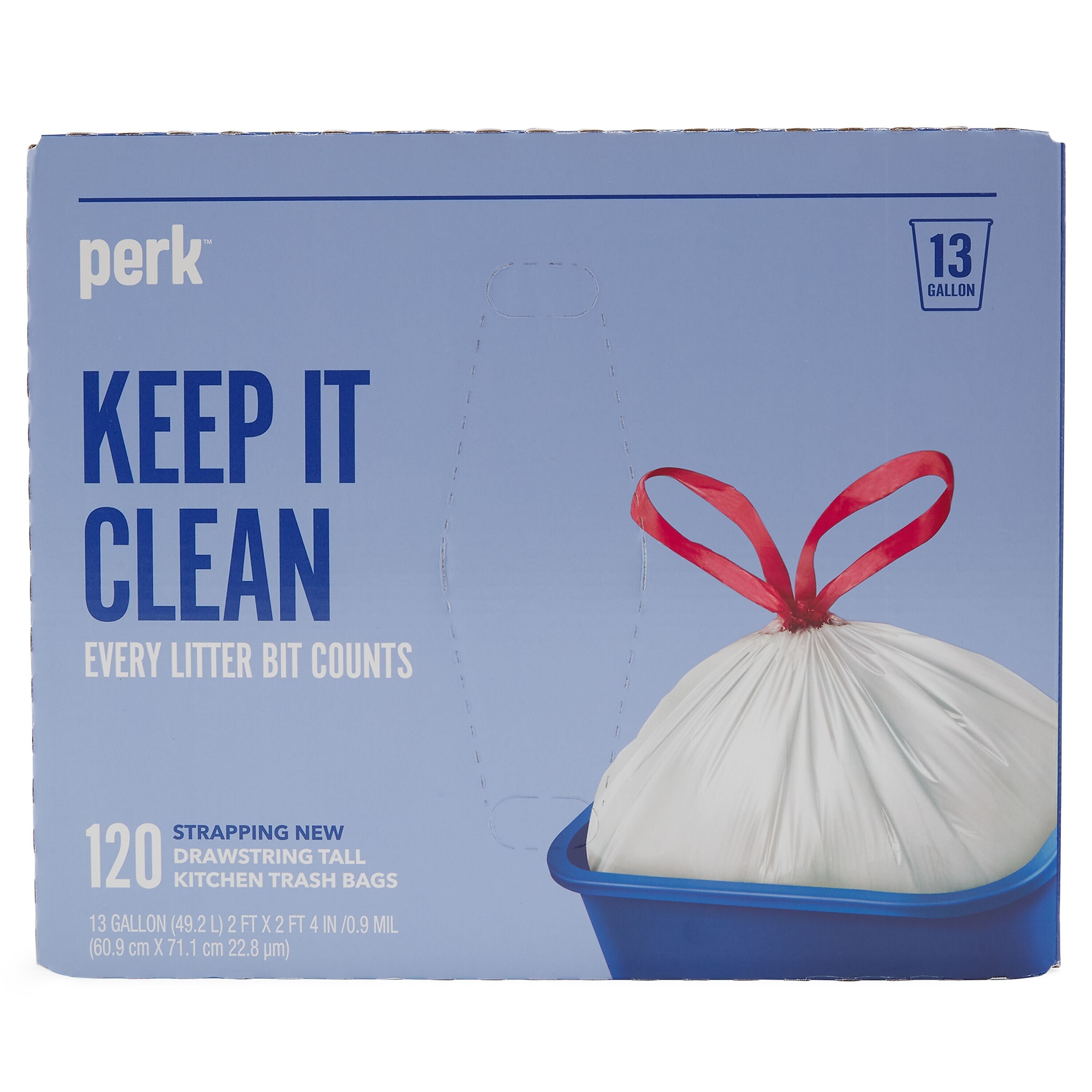 Perk™ 13 Gallon Kitchen Trash Bag, 28" x 24", Low Density, 0.9 mil, White, 120 Bags/Box, 3 Boxes/Carton (PK56750CT)