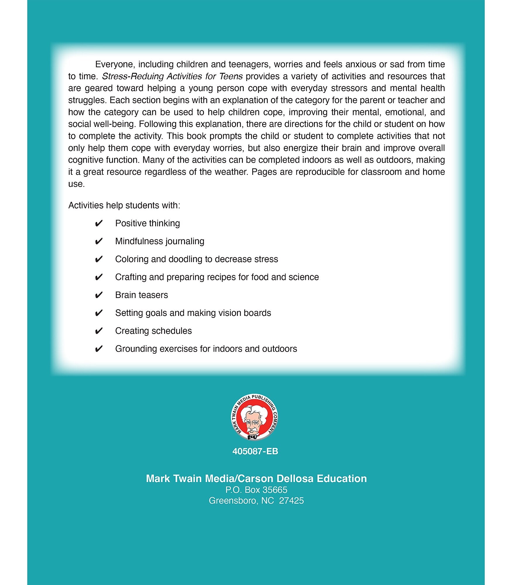 Carson Dellosa Mark Twain Stress-Reducing Activities for Teens Workbook