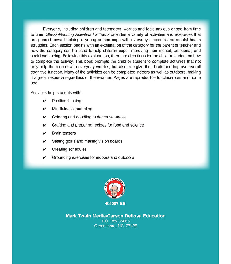 Carson Dellosa Mark Twain Stress-Reducing Activities for Teens Workbook