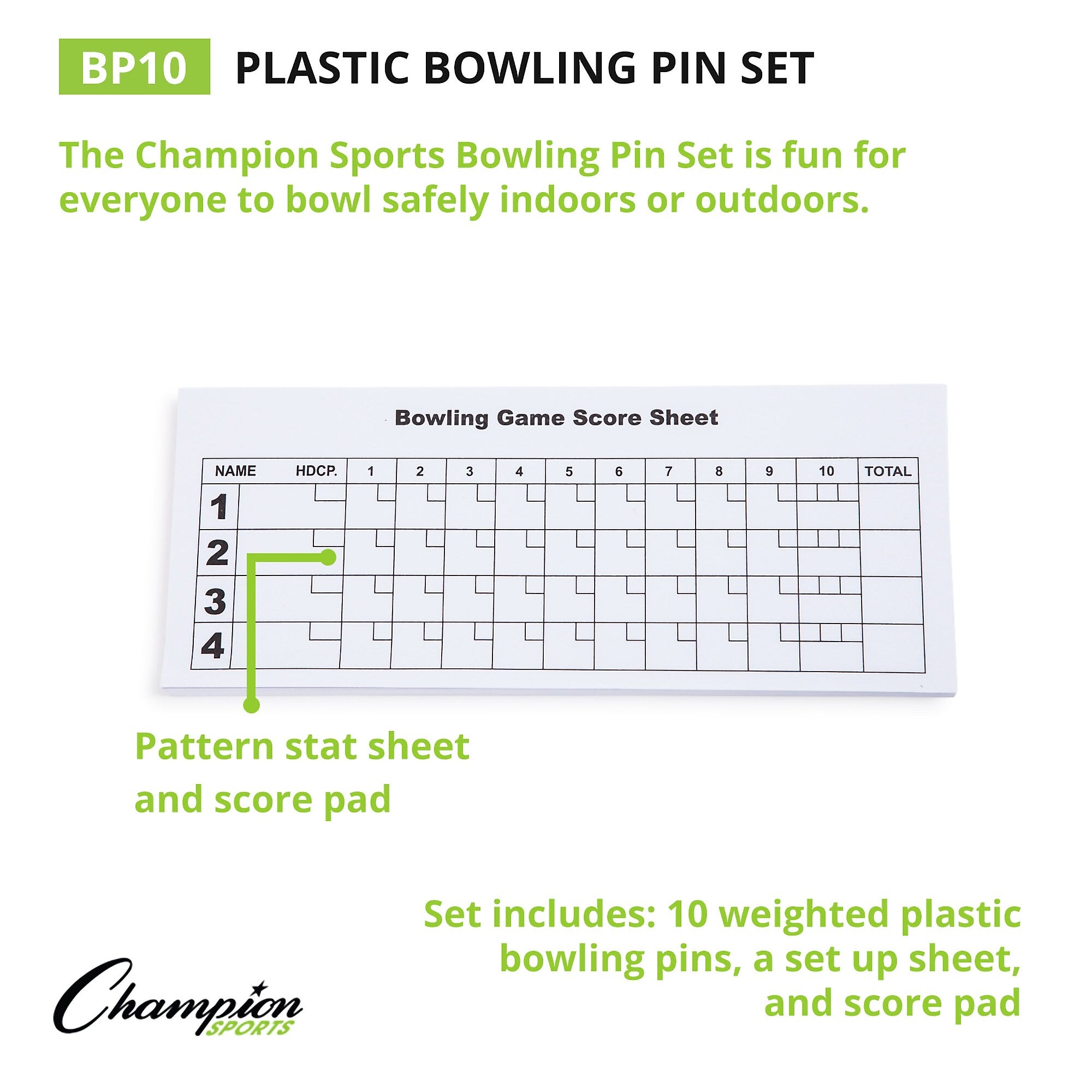 Champion Sports Plastic Bowling Pin Set, Red/White, 10/Set (CHSBP10)