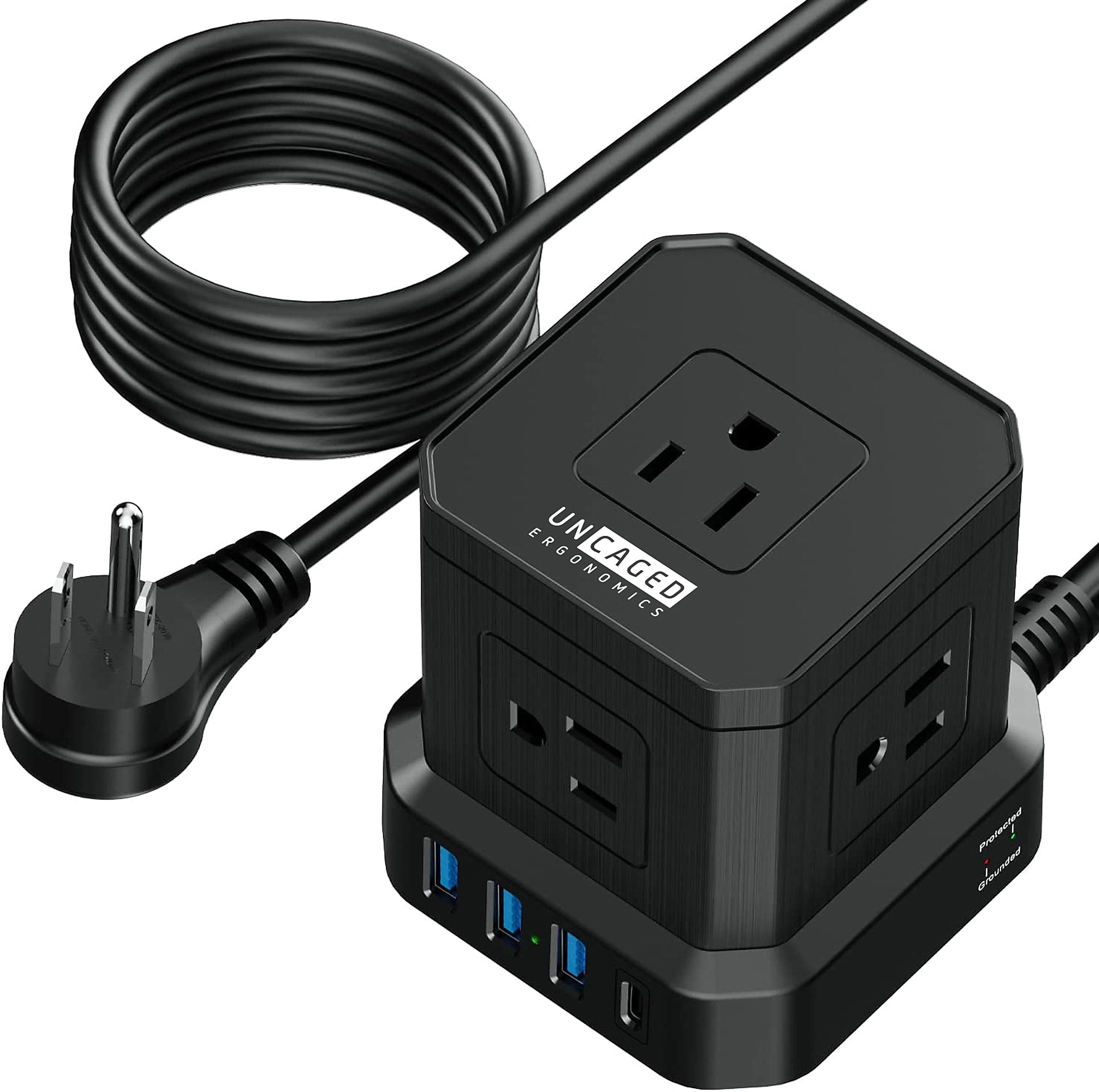 Uncaged Ergonomics Cube 5-Outlet 4-USB Port Surge Protector, 10', Black (PC-b-c)