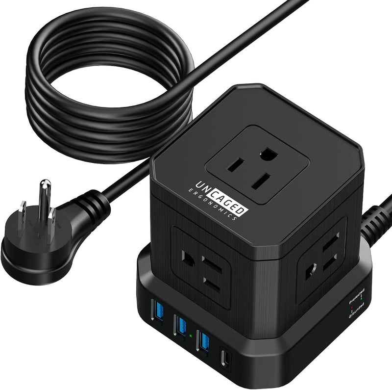 Uncaged Ergonomics Cube 5-Outlet 4-USB Port Surge Protector, 10', Black (PC-b-c)