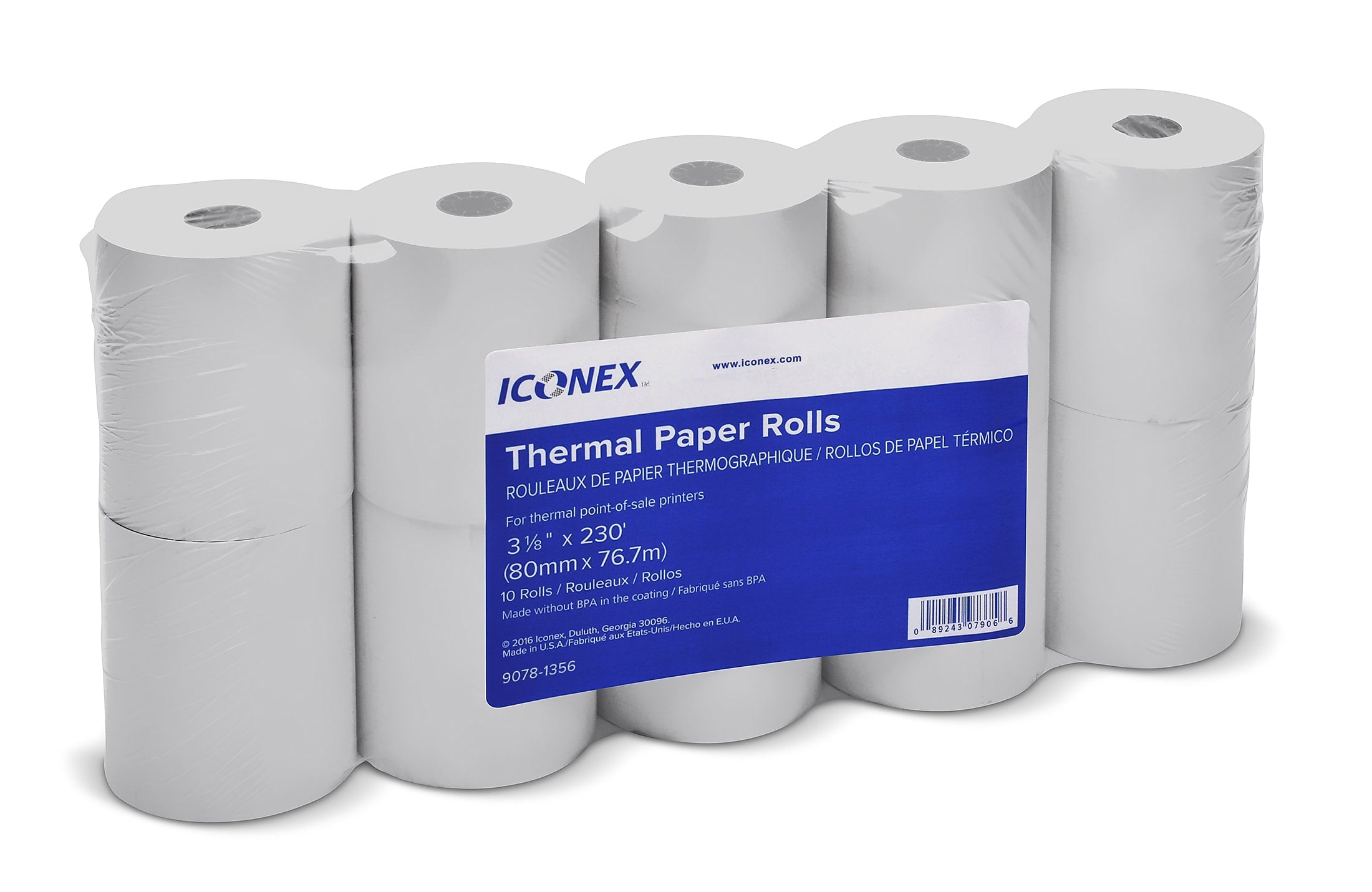Iconex Thermal Cash Register Paper Rolls, 3 1/8" x 230', 10 Rolls/Pack (PMC07906)