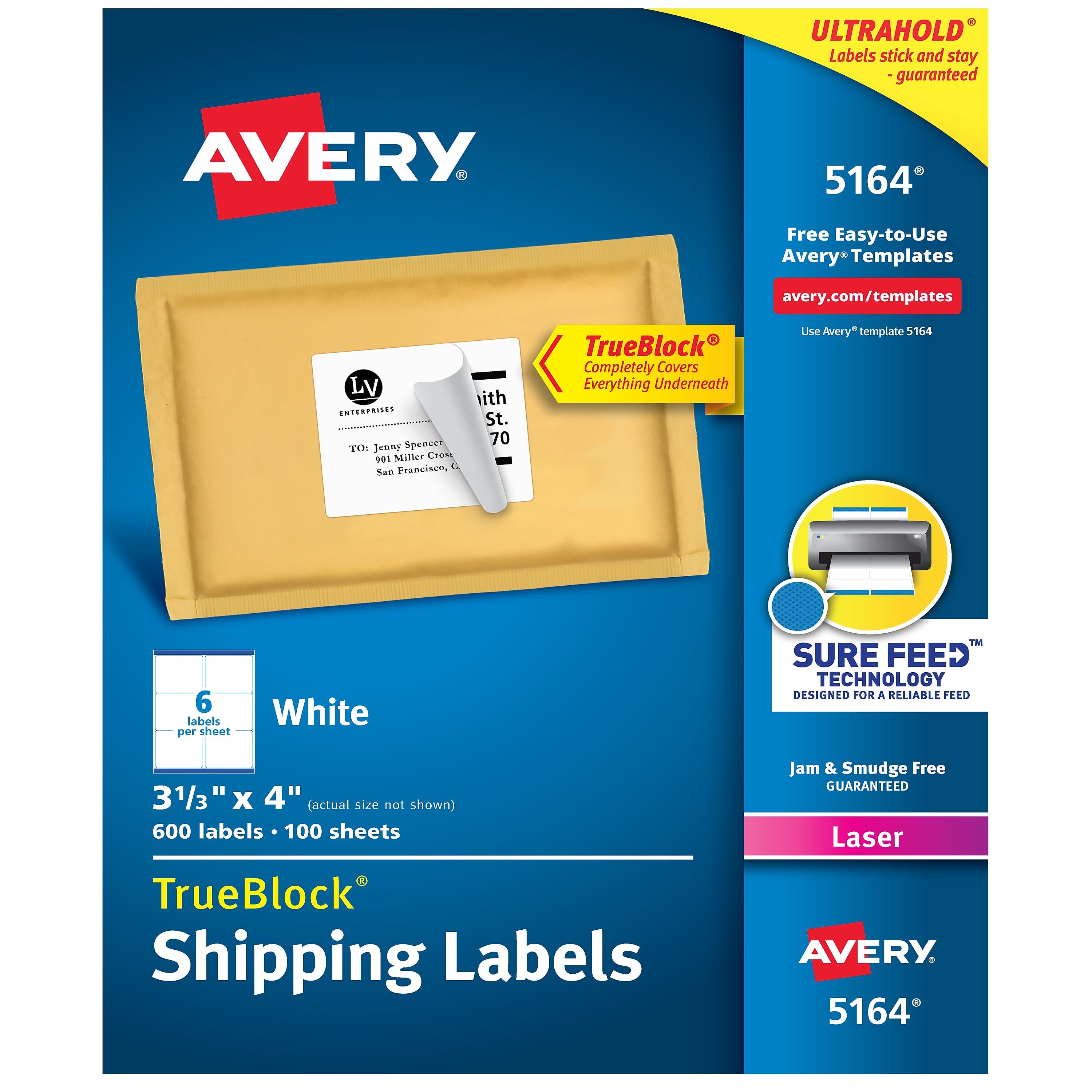 Avery TrueBlock Laser Shipping Labels, 3-1/3" x 4", White, 600 Labels/Box (5164)