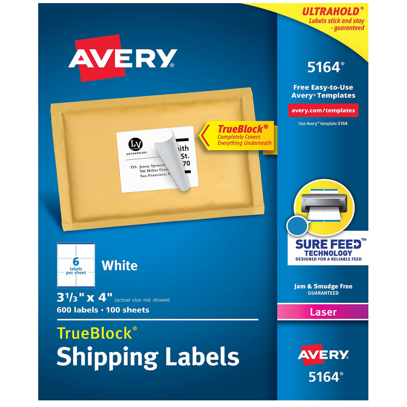 Avery TrueBlock Laser Shipping Labels, 3-1/3" x 4", White, 600 Labels/Box (5164)