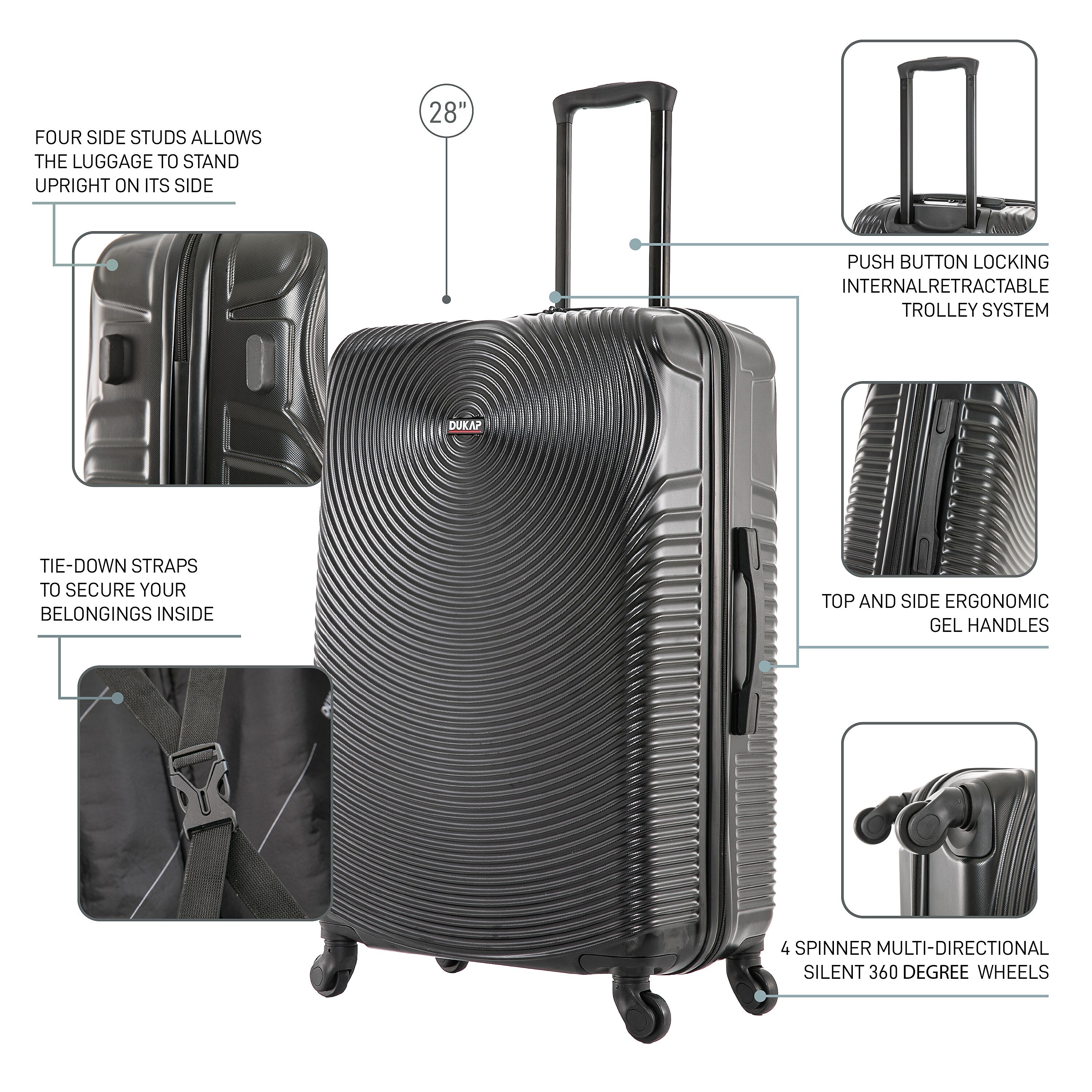 DUKAP INCEPTION 3-Piece Hardside Spinner Carry-On Luggage Set, TSA Checkpoint Friendly, Black (DKINCSML-BLK)