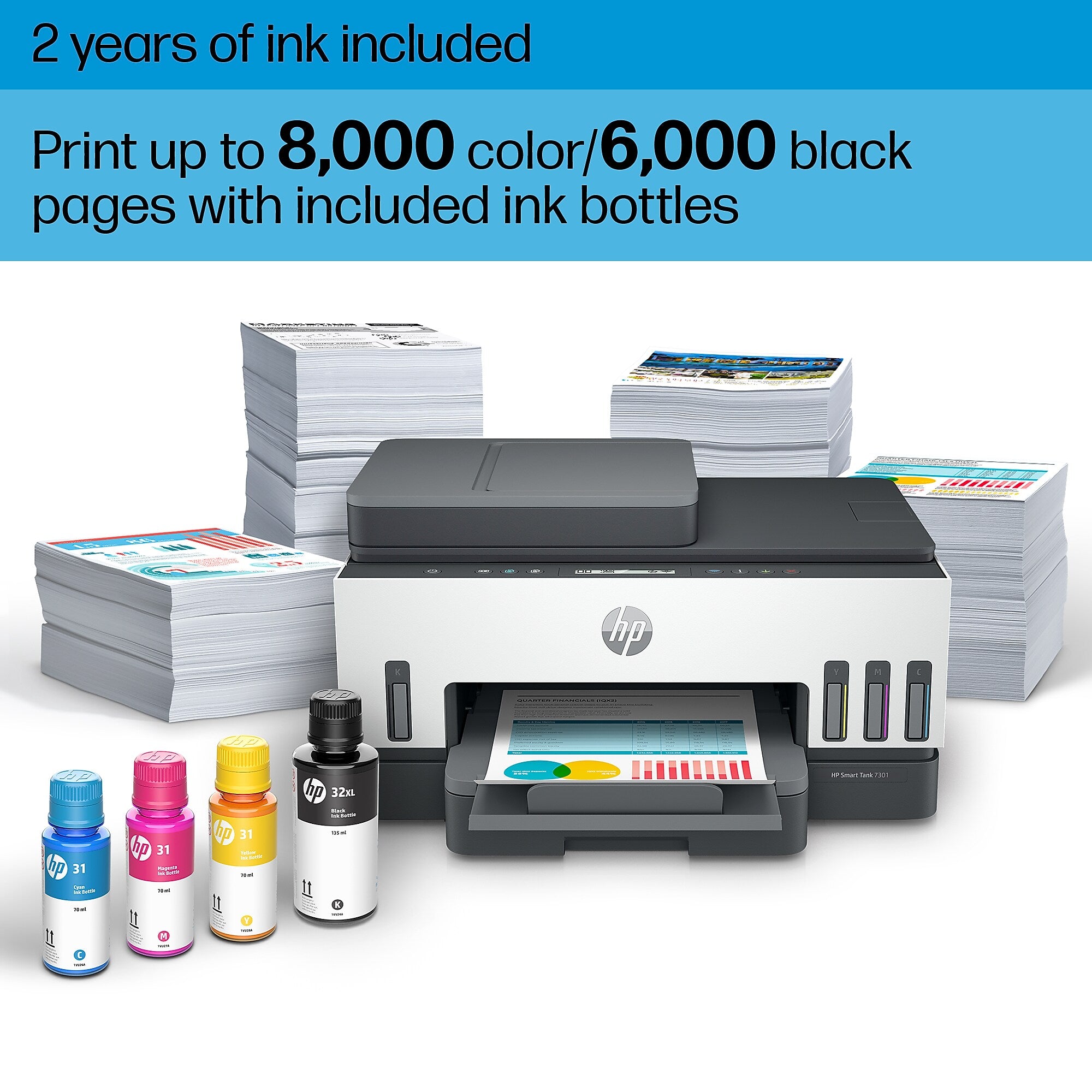 HP Smart Tank 7301 Wireless All-in-One Color Ink Tank Printer Scanner Copier, 2 years ink included (28B70A)