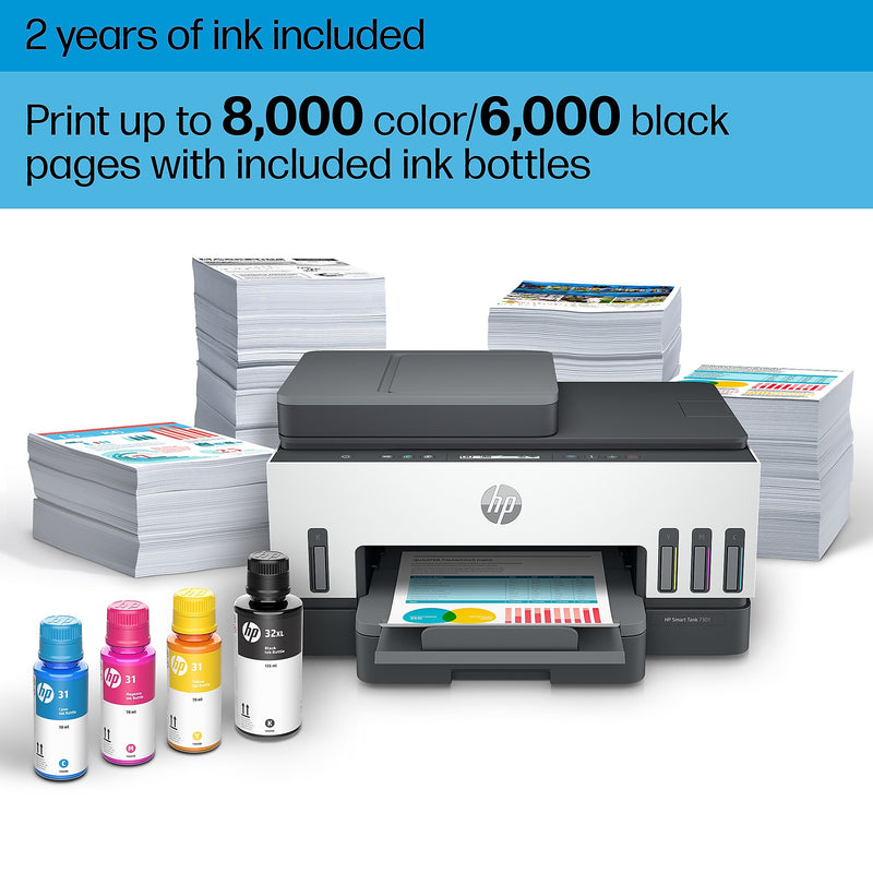 HP Smart Tank 7301 Wireless All-in-One Color Ink Tank Printer Scanner Copier, 2 years ink included (28B70A)