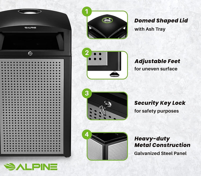 Alpine Industries Steel Outdoor Commercial Trash Can with Ashtray Dome Lid, 40 Gallon, Silver, 2/Pack (ALP472-40-SIL-2PK)