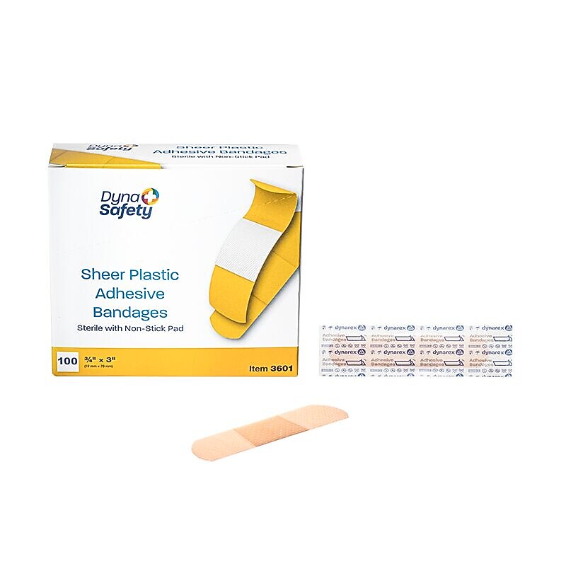 Dynarex DynaSafety 3/4" x 3" Plastic Water Resistant Adhesive Bandages, Beige, 100 Bandages/Box, 24 Boxes/Carton (3601)