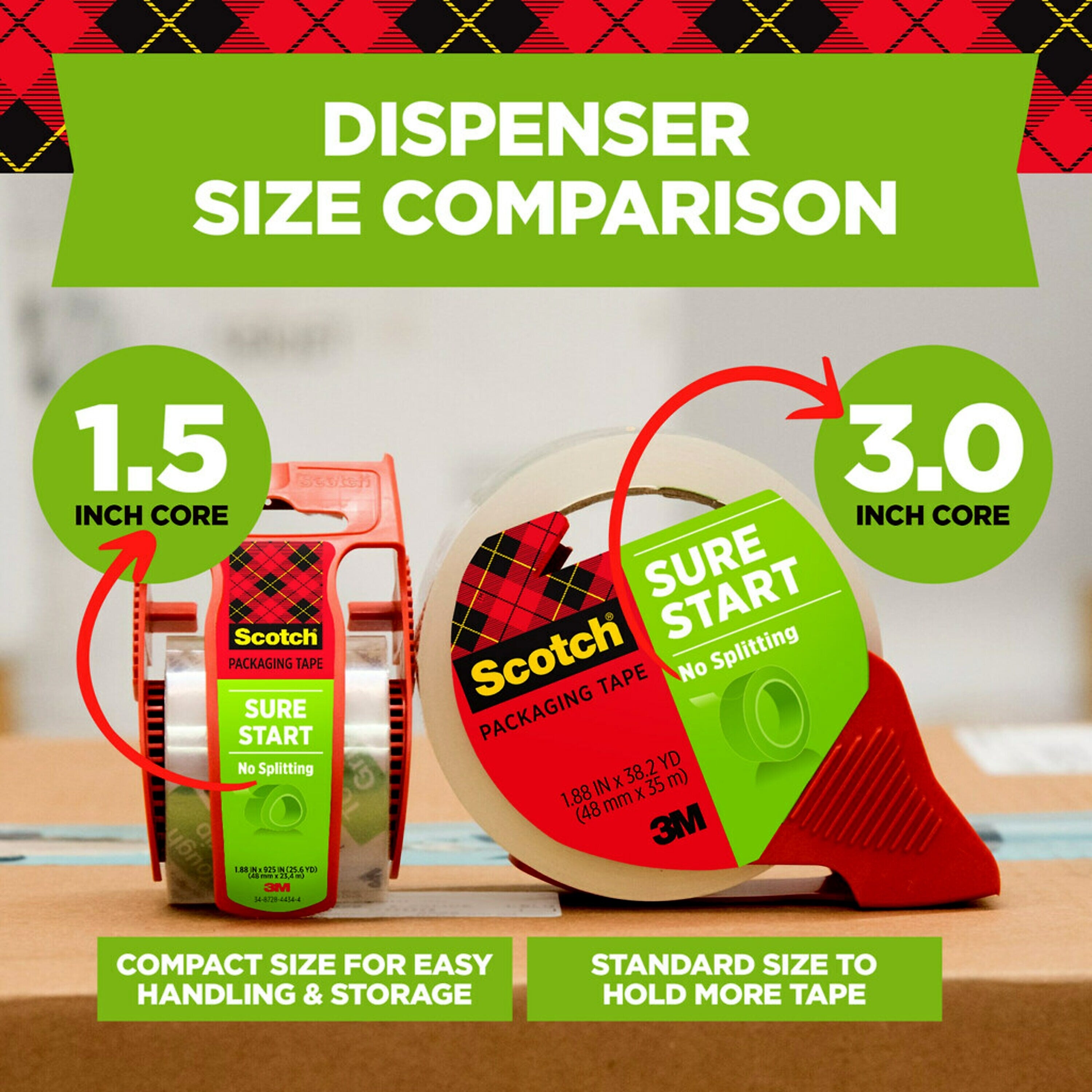 Scotch Sure-Start Packing Tape with Dispenser, 1.88" x 22.2 yds., Clear, 6/Pack (145-6)