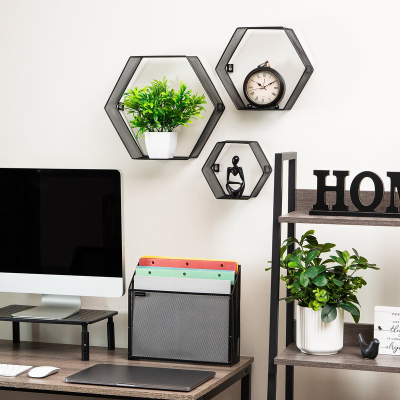 Mind Reader 3-Shelf Metal Honeycomb Hexagon Floating Shelves, Black, 3/Set (WALL3PC-BLK)
