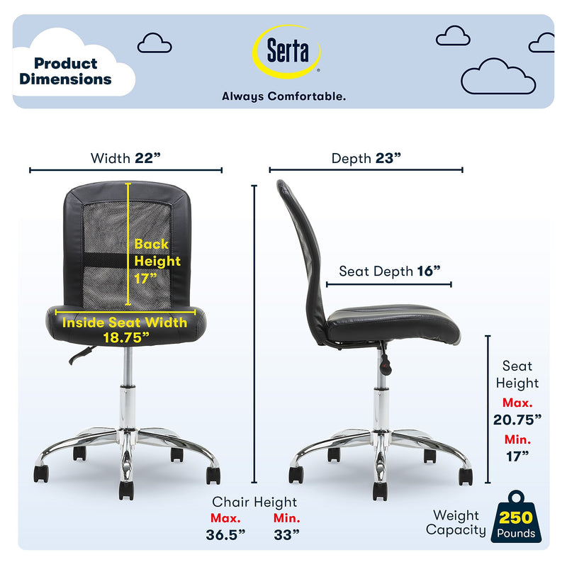 Serta Essentials Armless Ergonomic Bonded Leather/Mesh Swivel Task Chair, Black (48740)