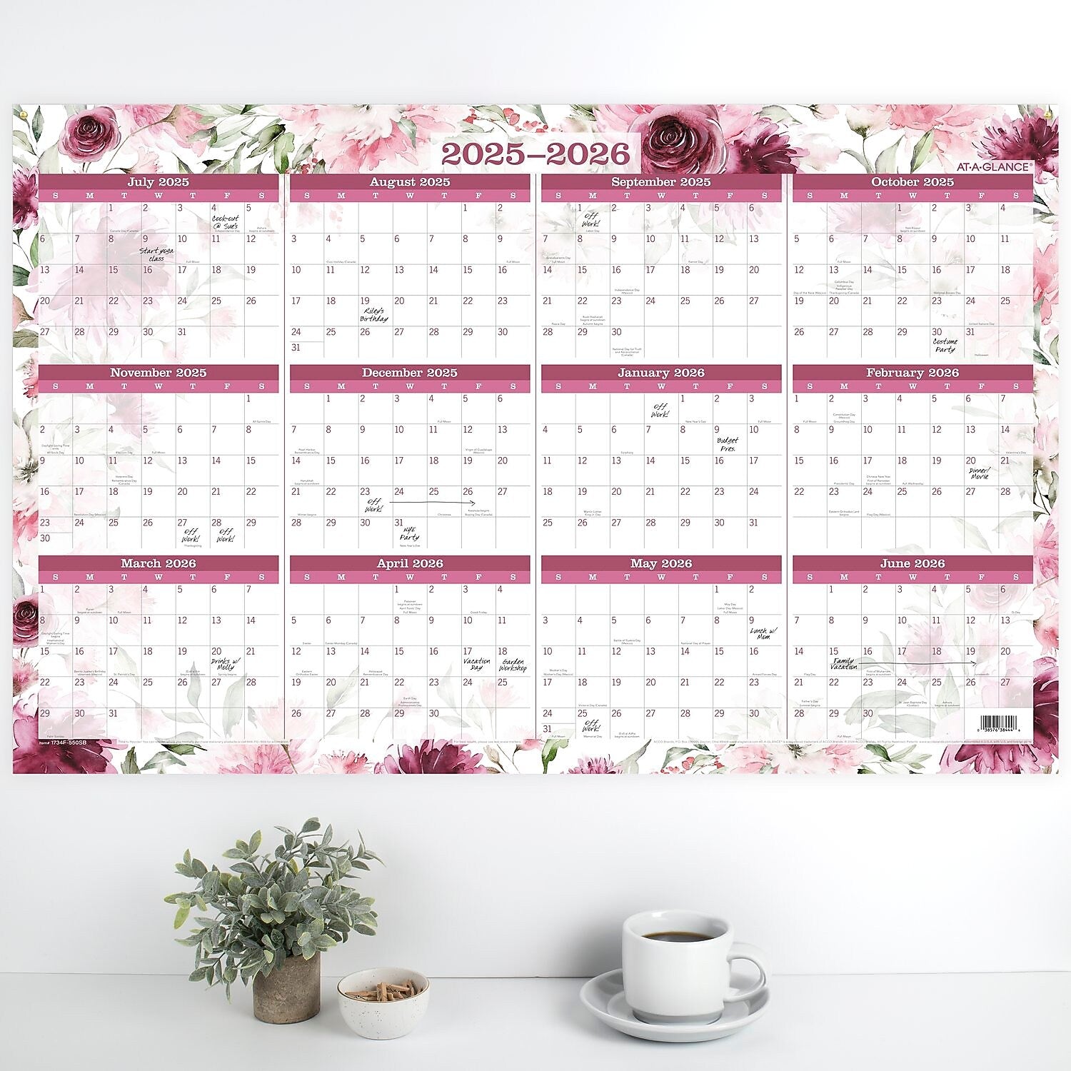 2025-2026 AT-A-GLANCE Badge Floral 36" x 24" Academic & Calendar Yearly Dry-Erase Wall Calendar, Reversible (1710F-550P-26)