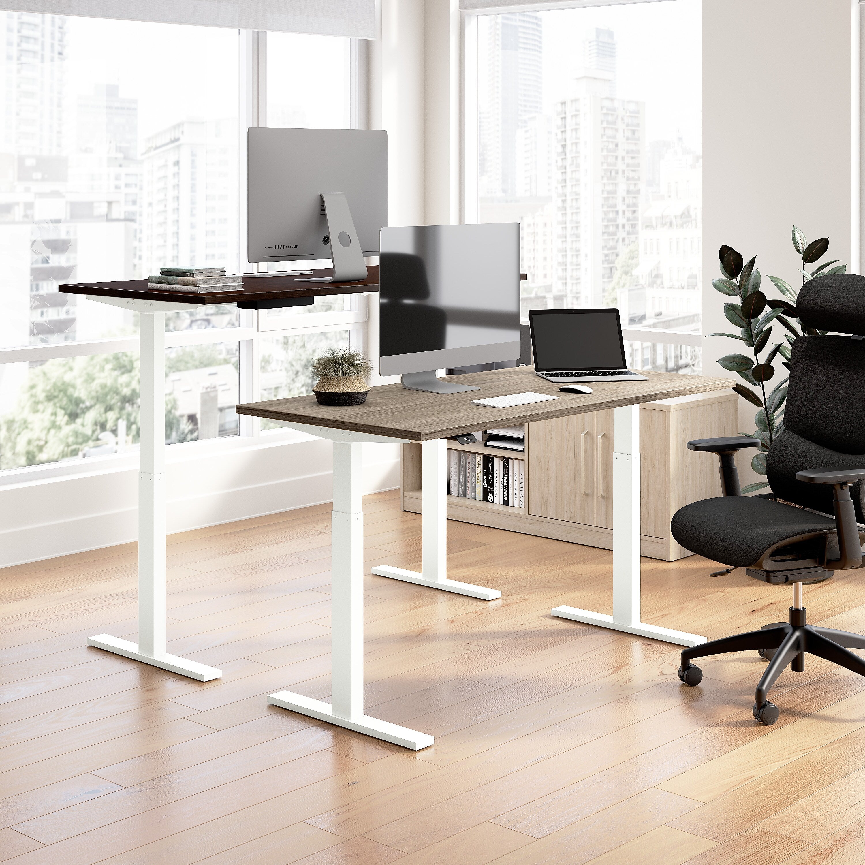 Bush Business Furniture Move 60 Series 72"W L Shaped Adjustable Standing Desk, Modern Hickory (M6SL7278MHSK)