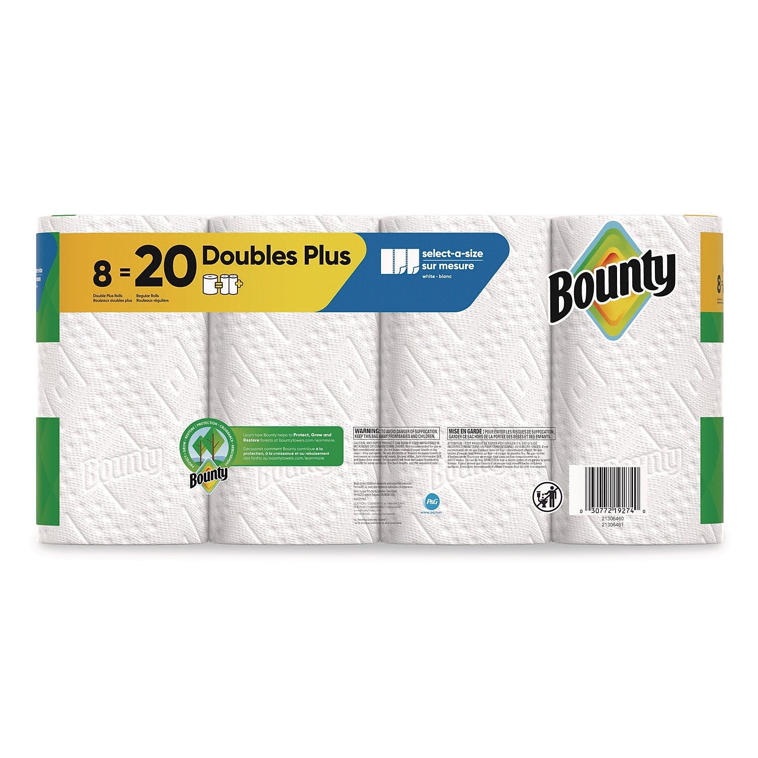 Bounty Select-A-Size Double Plus Paper Towels, 2-Ply, 103 Sheets/Roll, 8 Rolls/Pack (80835948)