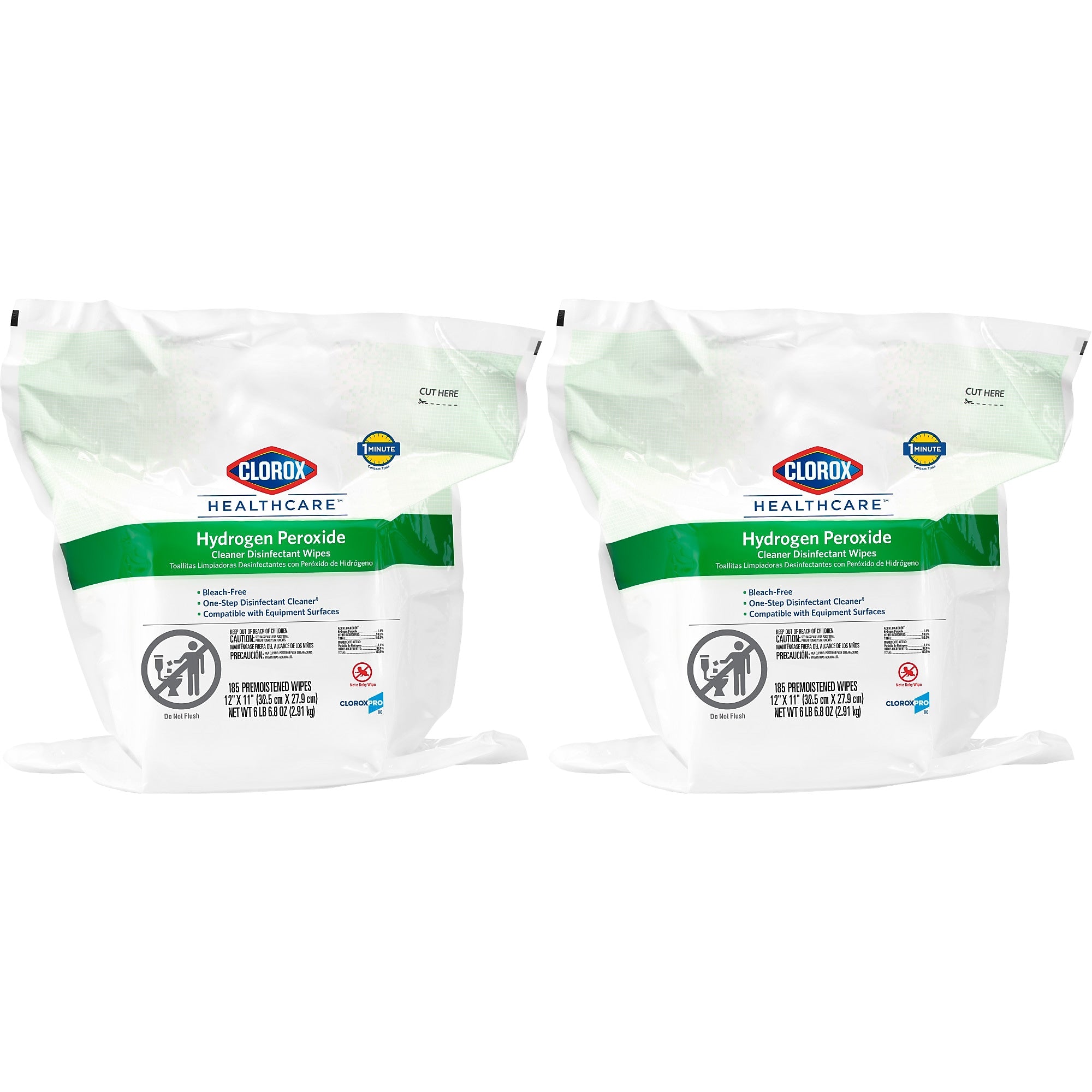 Clorox Healthcare Hydrogen Peroxide Cleaner Disinfectant Wipes, 185 Wipes/Container, 2/Carton (30827)