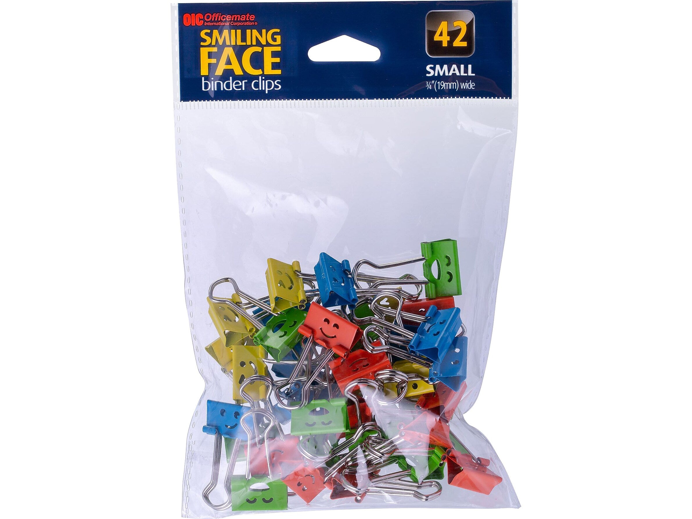 Officemate Smiling Face Small Binder Clips, 0.38" Capacity, Assorted Colors, 42 Clips/Pack (31090)