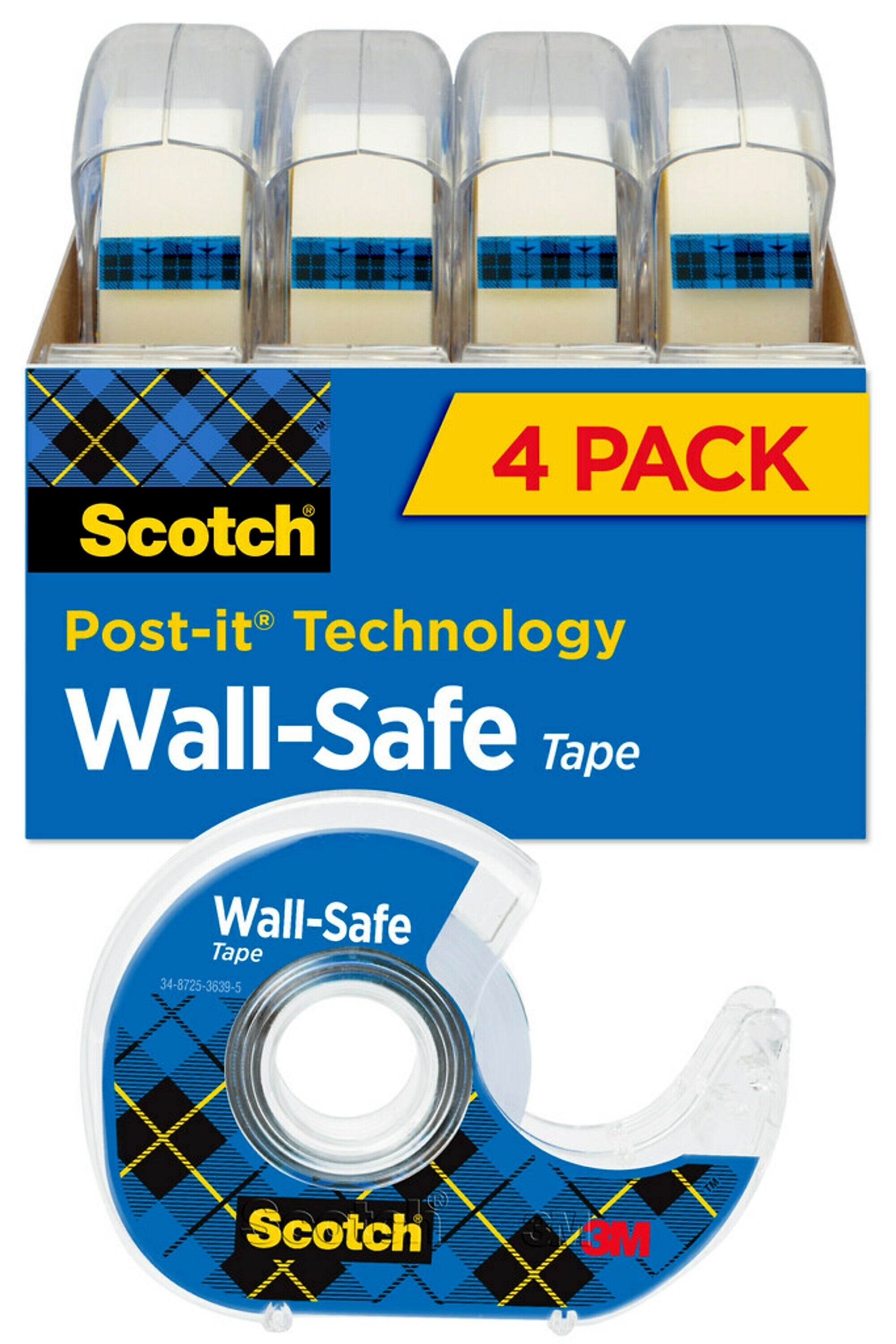 Scotch Wall-Safe Transparent Clear Tape Refill, 0.75" x 18.05 yds., 1" Core, 4 Rolls/Pack (4183)