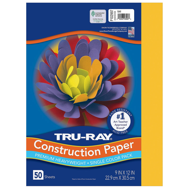 Tru-Ray 9" x 12" Construction Paper, Gold, 50 Sheets/Pack, 5 Packs/Bundle (PAC102997-5)