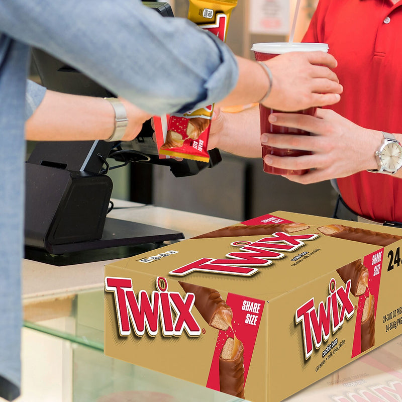 Twix Caramel Sharing Size Chocolate Cookie Bar Candy, 3.02 oz Bar, 24/Box (MMM35387)