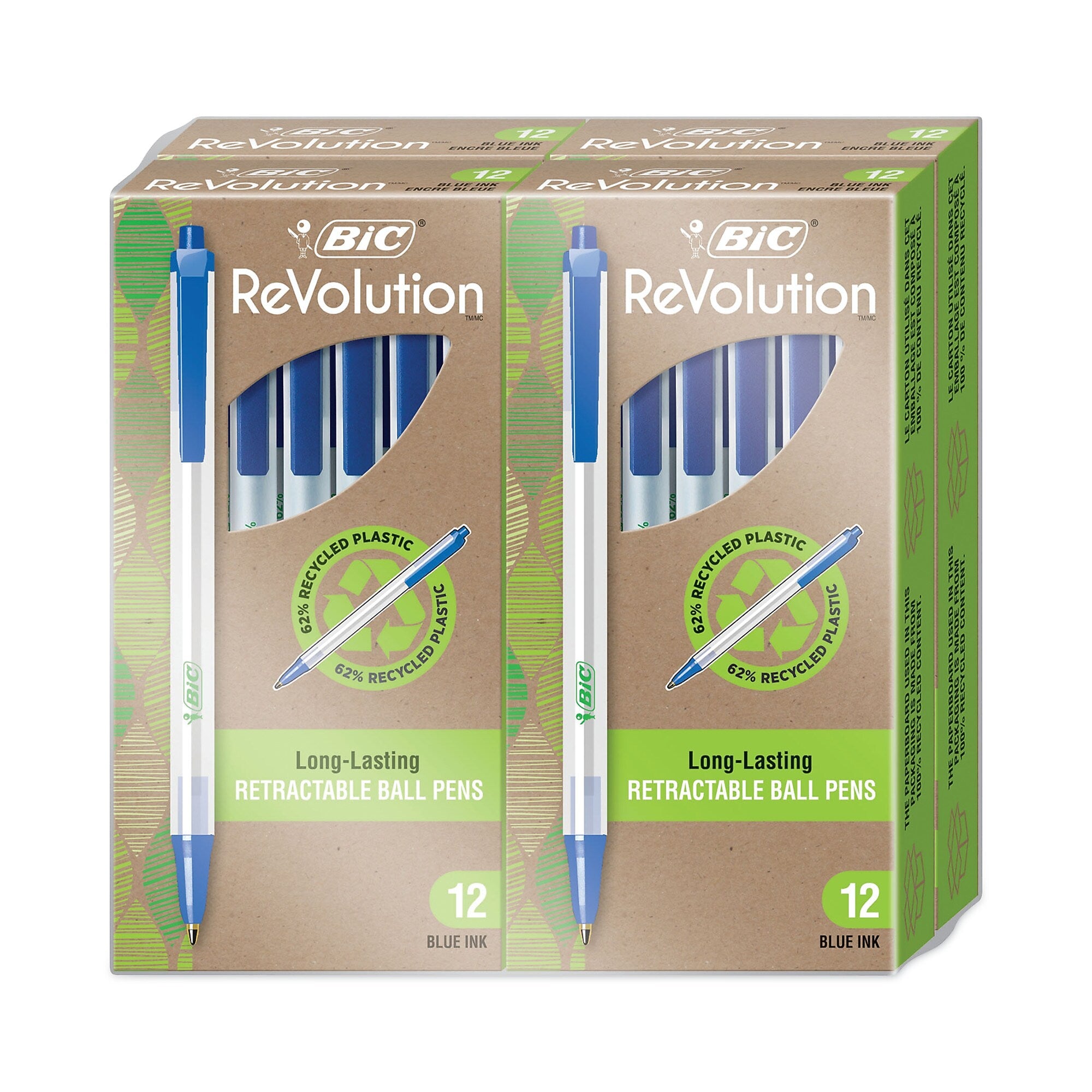 BIC® ReVolution Clic Stic Ballpoint Pen, Retractable, Medium 1 mm, Blue Ink, Translucent Frost/Blue Barrel, 48/Pack