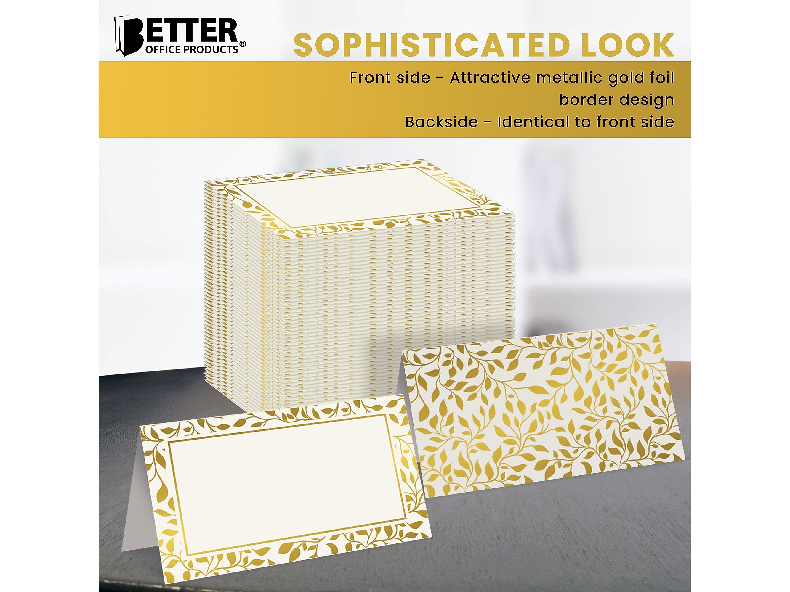 Better Office 2" x 3.5" White/Gold Table Tent Place Card, 100/Pack (64645-100PK)