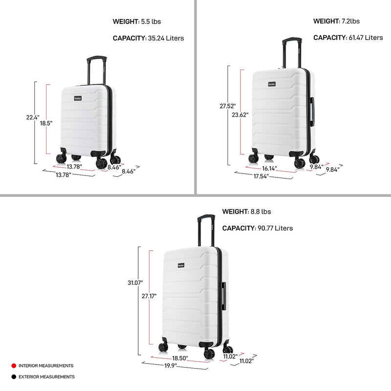 InUSA Trend 3-Piece Hardside Spinner Carry-On Luggage Set, TSA Checkpoint Friendly, White (IUTRESML-WHI)