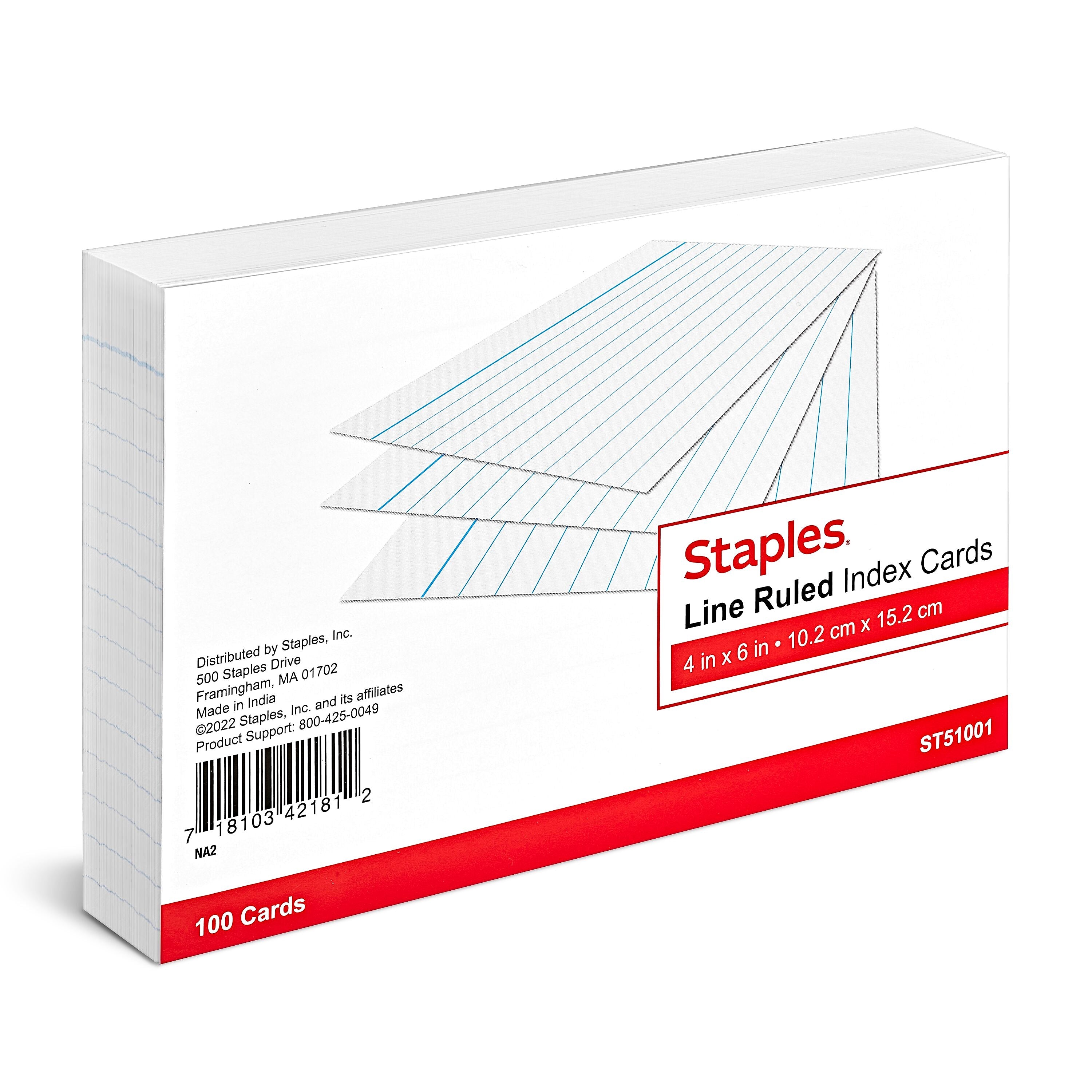 Staples 4" x 6" Index Cards, Lined, White, 100/Pack (TR51001)
