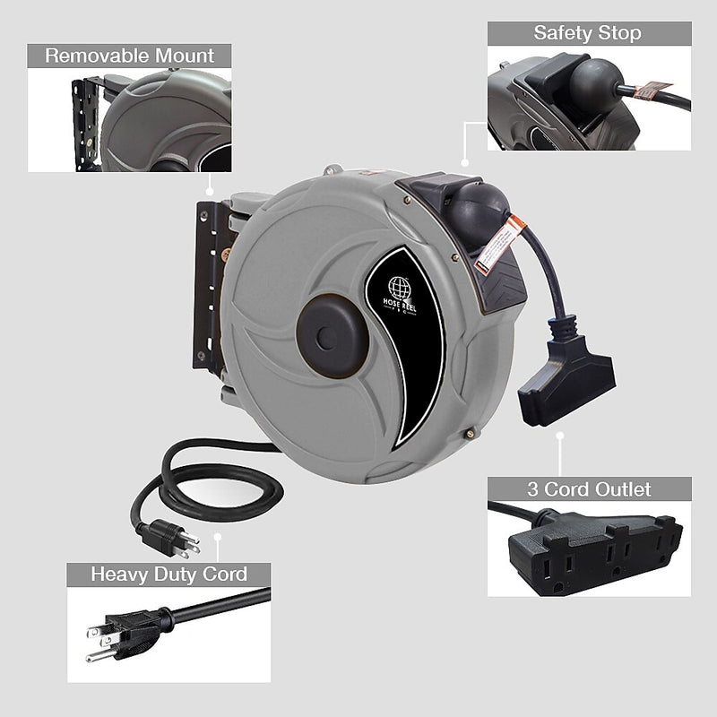 Hose Reel Pro 30 ft. Extension Cord Reel, 3-Outlet, 12 AWG, Gray (EC-GY-30)