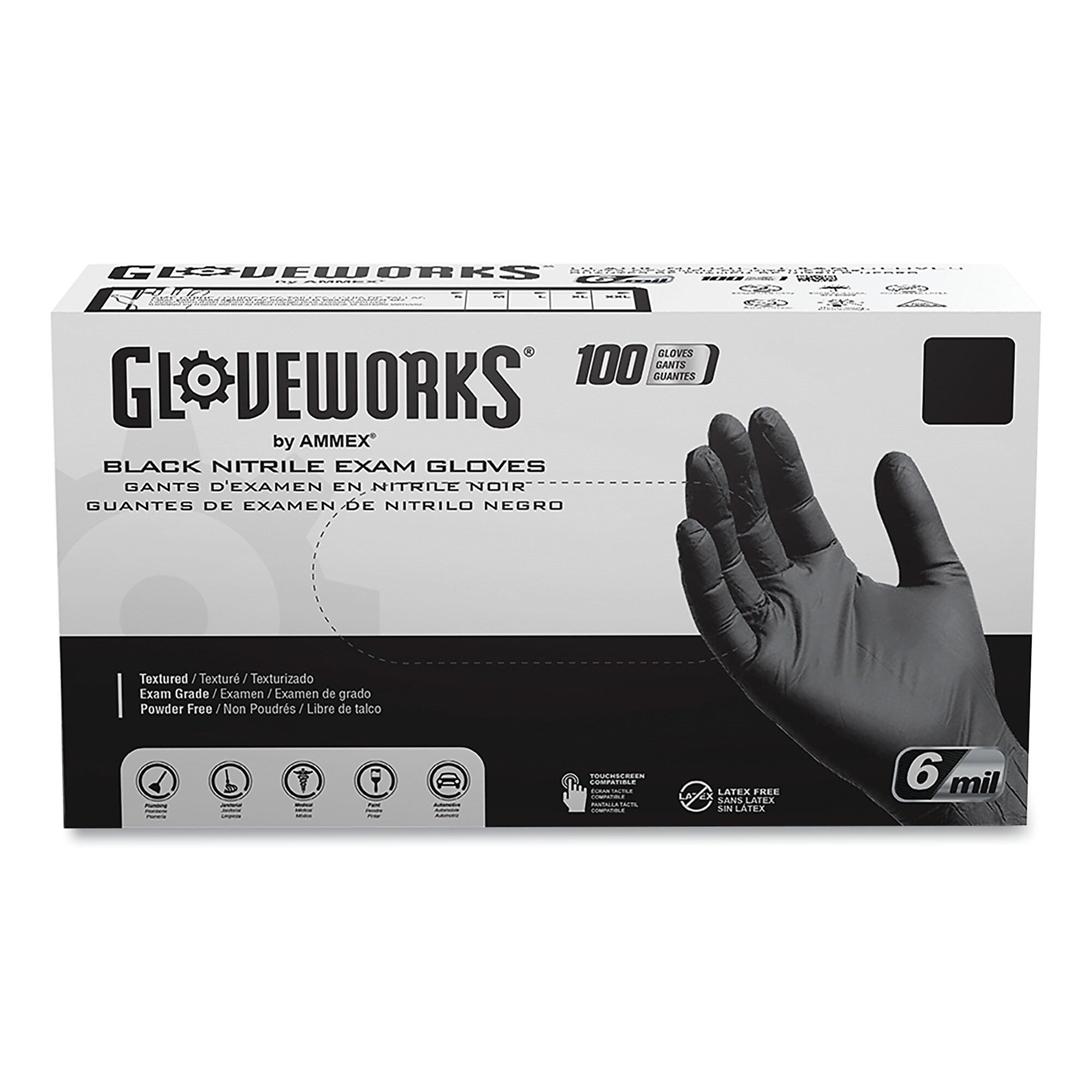 GloveWorks by AMMEX Nitrile Exam Gloves, Powder-Free, 6 mil, XX-Large, Black, 100 Gloves/Box, 10 Boxes/Carton