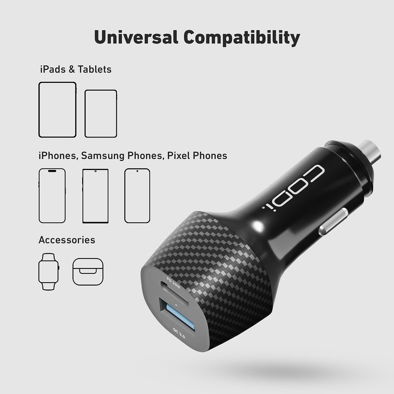 CODi 20W Dual Port Car Charger, USB-A & USB-C Outputs (A01109)