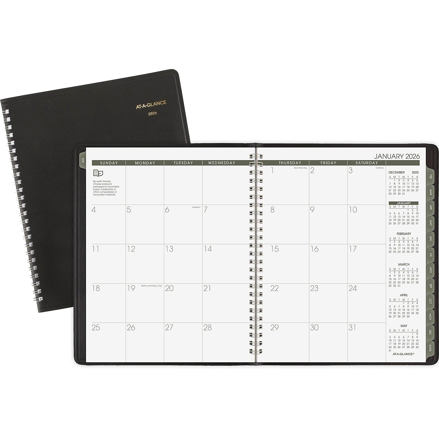 2026 AT-A-GLANCE Recycled 7" x 8.75" Monthly Planner, Faux Leather Cover, Black (70-120G-05-26)