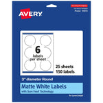 Avery Laser/Inkjet Round Multipurpose Labels, 3" Dia, Matte White, 150 Labels/Pack (94513)