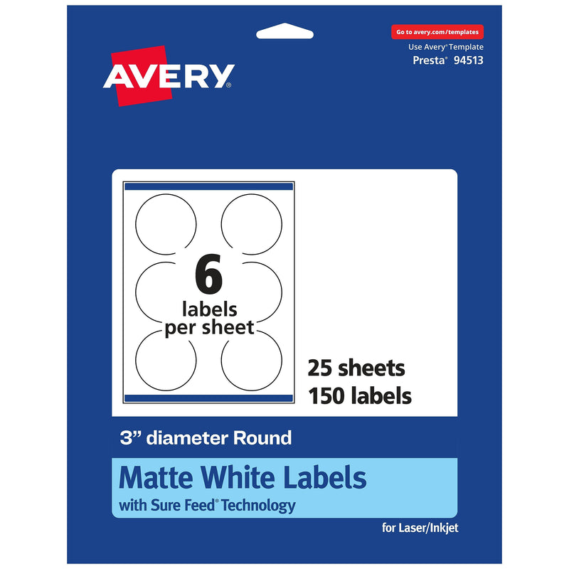 Avery Laser/Inkjet Round Multipurpose Labels, 3" Dia, Matte White, 150 Labels/Pack (94513)