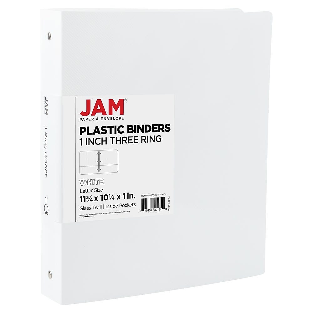 JAM Paper 1" 3-Ring Flexible Poly Binder, White (PB75239WH)