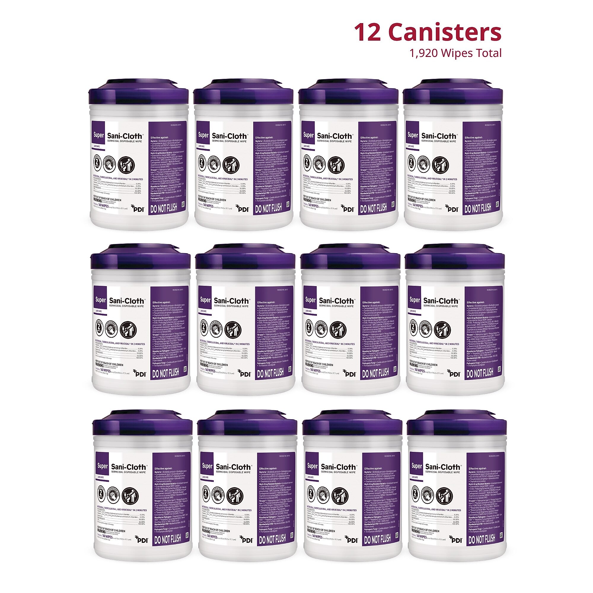 PDI Super Sani-Cloth Disinfecting Wipers, White, 160 Wipers/Canister, 12 Canisters/Carton (Q55172)