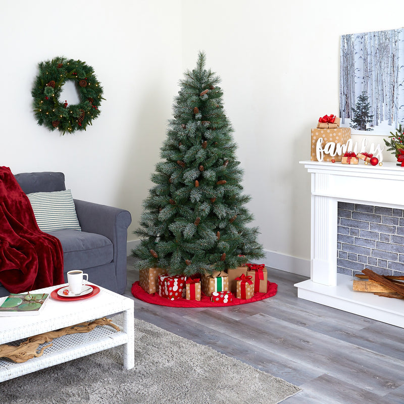 Nearly Natural 6-ft Snowed French Alps Mountain Pine Artificial Christmas Tree with 583 Bendable Branches and Pine Cones (T1859)