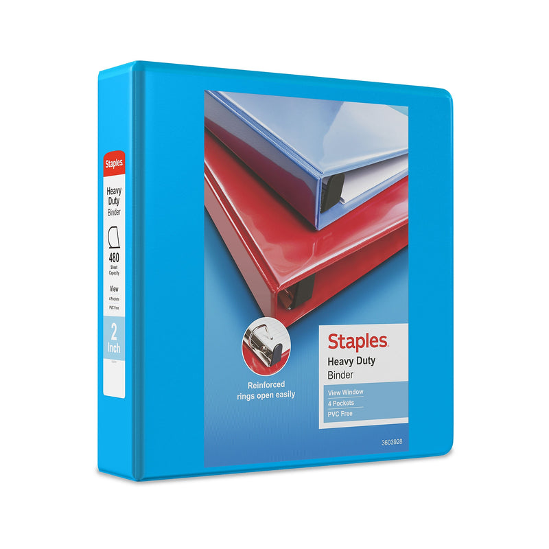 Staples Heavy Duty 2" 3-Ring View Binder, D-Ring, Light Blue (ST56287-CC)