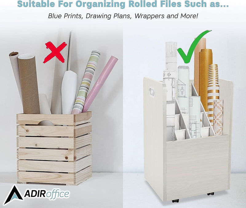 AdirOffice 20-Slot Mobile Roll File, 24.75"H x 15.25"W x 13.25"D, White (624-WHI-KIT1)
