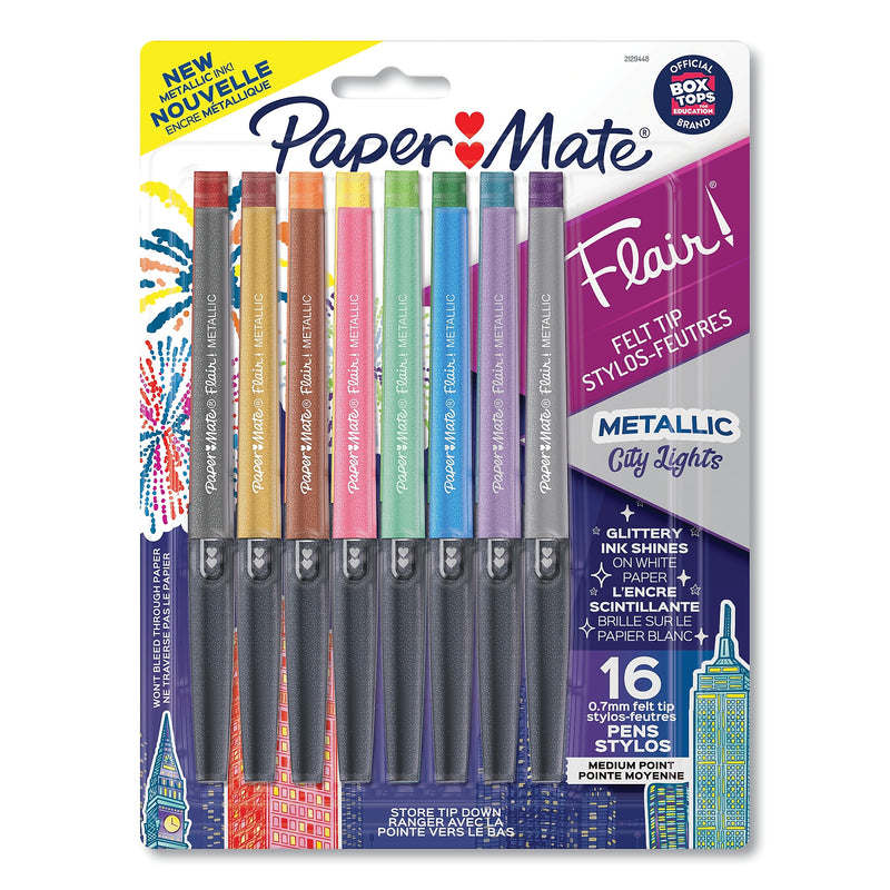 Paper Mate Flair Metallic Felt Tip Pens, Medium Point, 0.7mm, Assorted Ink, 16/Pack  (SAN2129448)