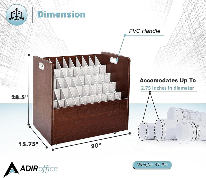AdirOffice 50-Slot Mobile Roll File, 28.5"H x 30"W x 15.75"D, Mahogany (626-MA-KIT1)