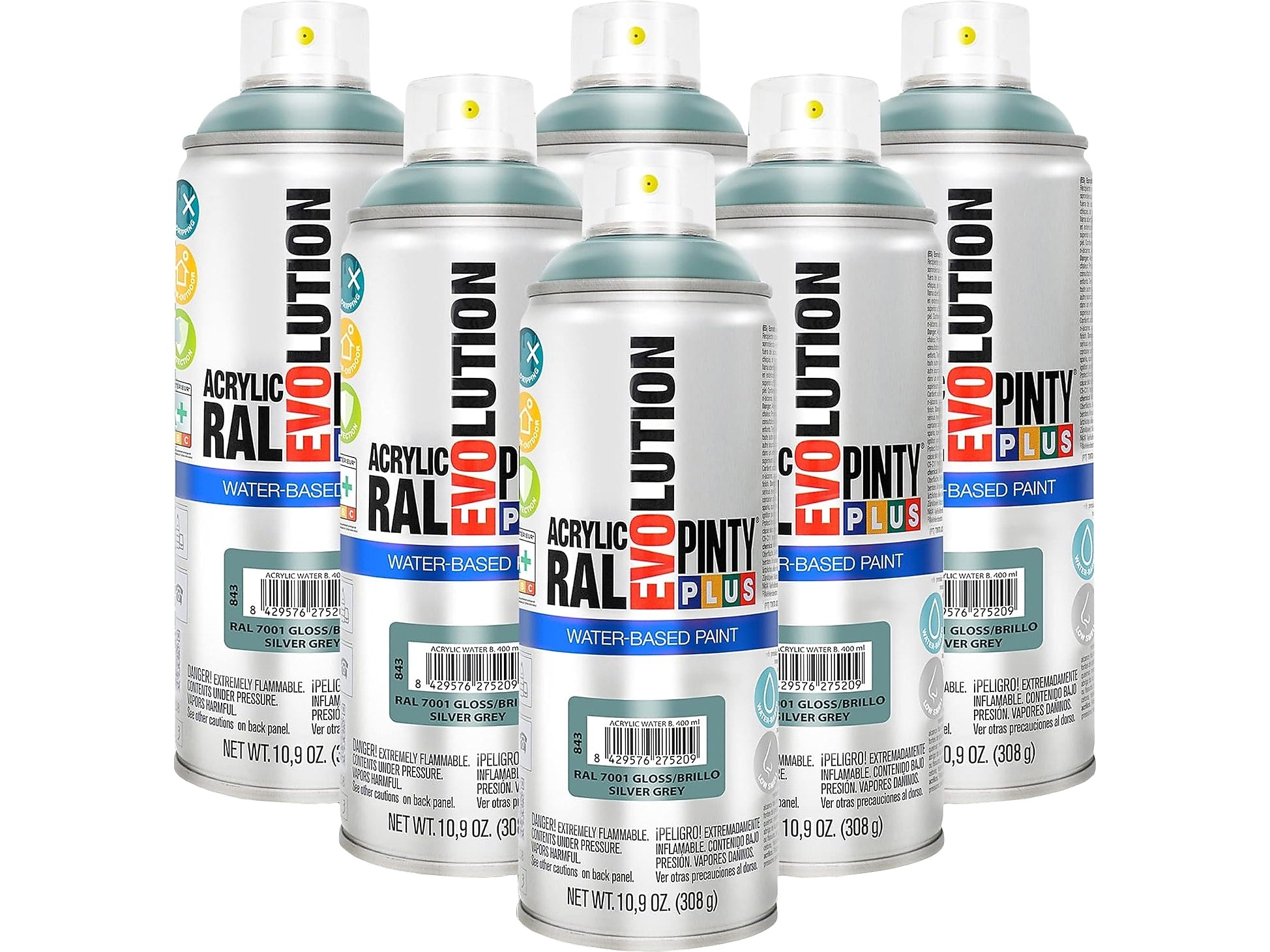 Pintyplus Evolution Water-Based Spray Paint, Silver Gray, 10.9 oz., 6/Pack (NOV 843-CS)