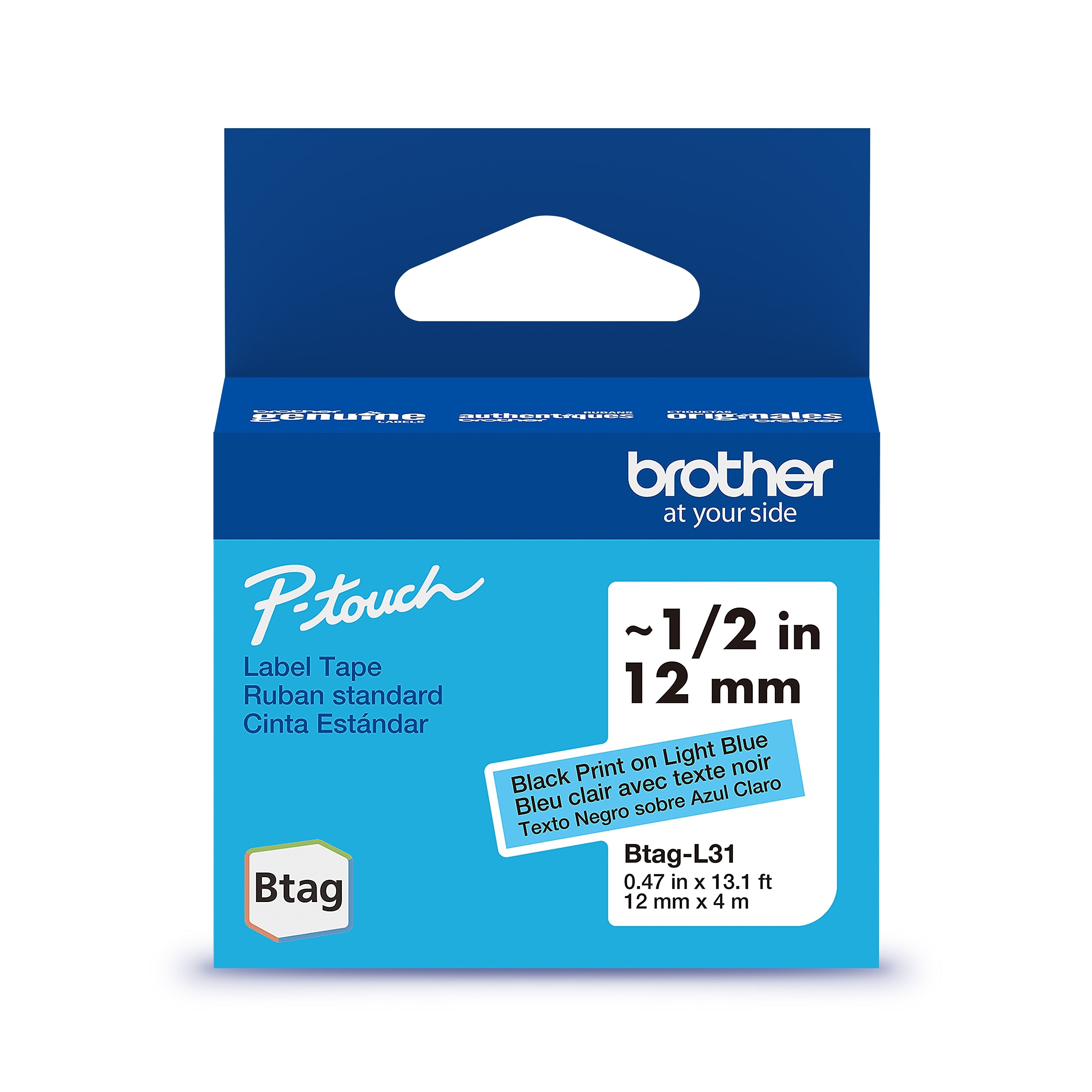 Brother P-touch Btag Label Tape, 1/2" x 13.1' (12mm x 4m), Black on Light Blue (BTAGL31)