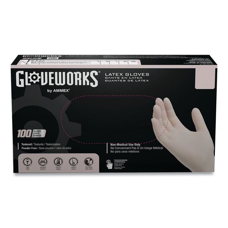 GloveWorks by AMMEX Latex Disposable Gloves, Powder-Free, 4 mil, X-Large, Ivory, 100 Gloves/Box, 10 Boxes/Carton