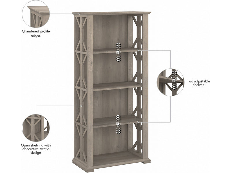 Bush Furniture Homestead 66"H 4-Shelf Bookcase with Adjustable Shelves, Driftwood Gray Laminated Wood (HOB166DG-03)