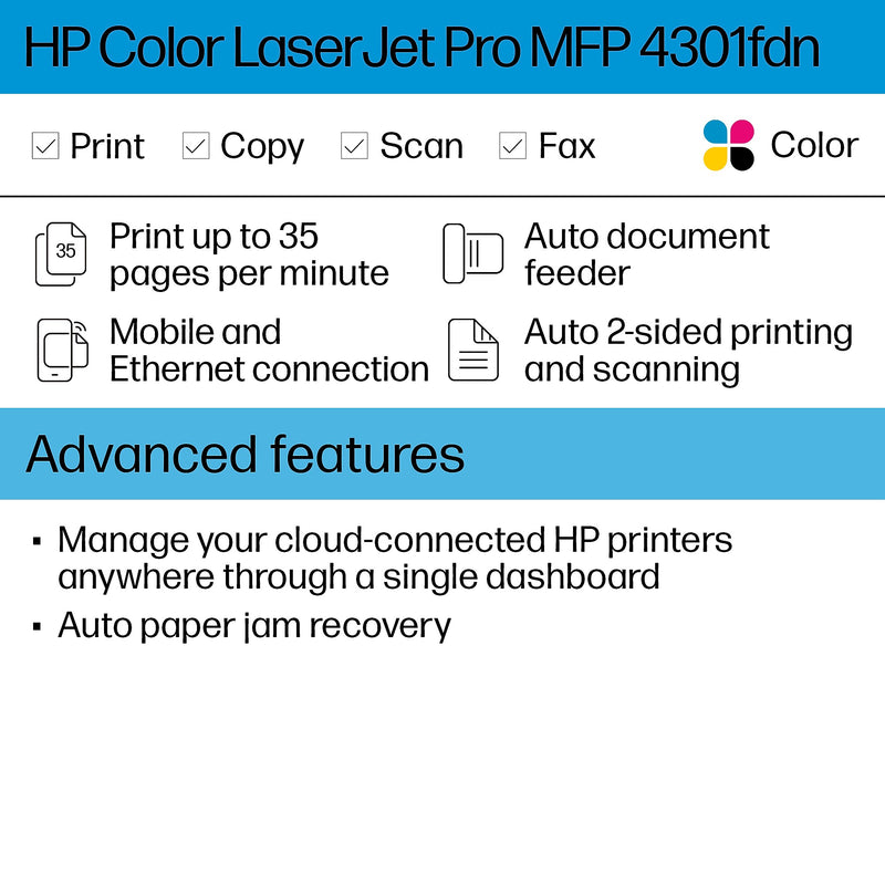 HP LaserJet Pro MFP 4301fdn Color All-In-One Laser Printer, Print, Scan, Copy, Fax, Best for Office (4RA81F)